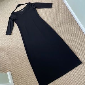 Sympli Maxi asymmetrical cut dress black with three quarter detailed sleeves.